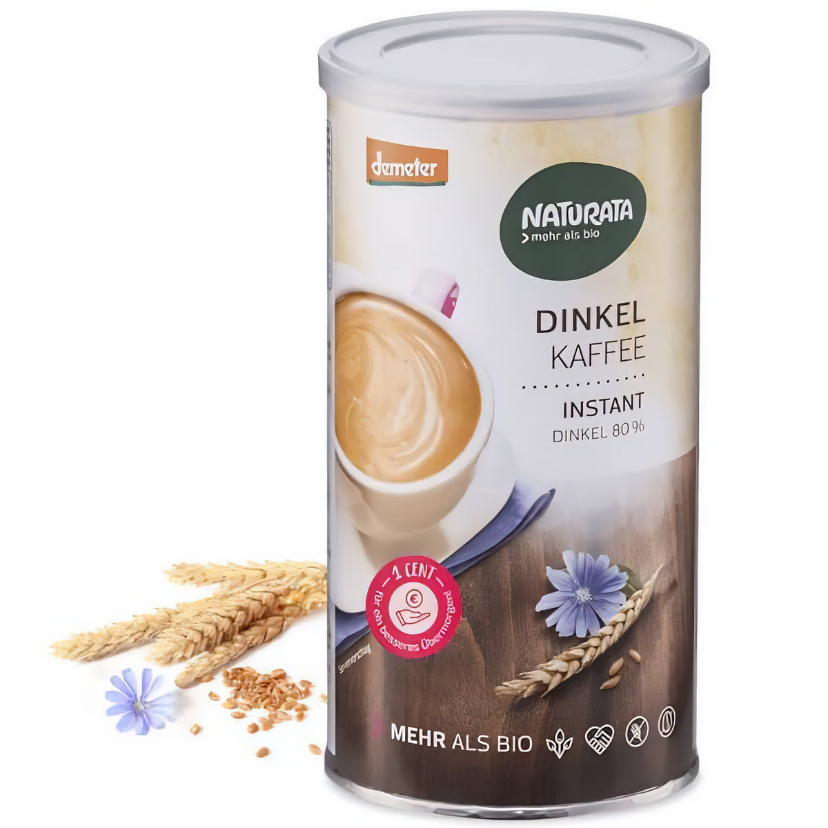 Naturata Demeter Dinkelkaffee Instant Dose mit Tasse Kaffee, Ähre, Blüte und Getreidekörnern auf weißem Hintergrund