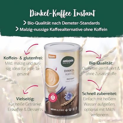 Naturata Dinkelkaffee Instant Dose im Vordergrund, umgeben von Text und Pfeilen zu Eigenschaften wie koffeinfrei, glutenfrei und bio