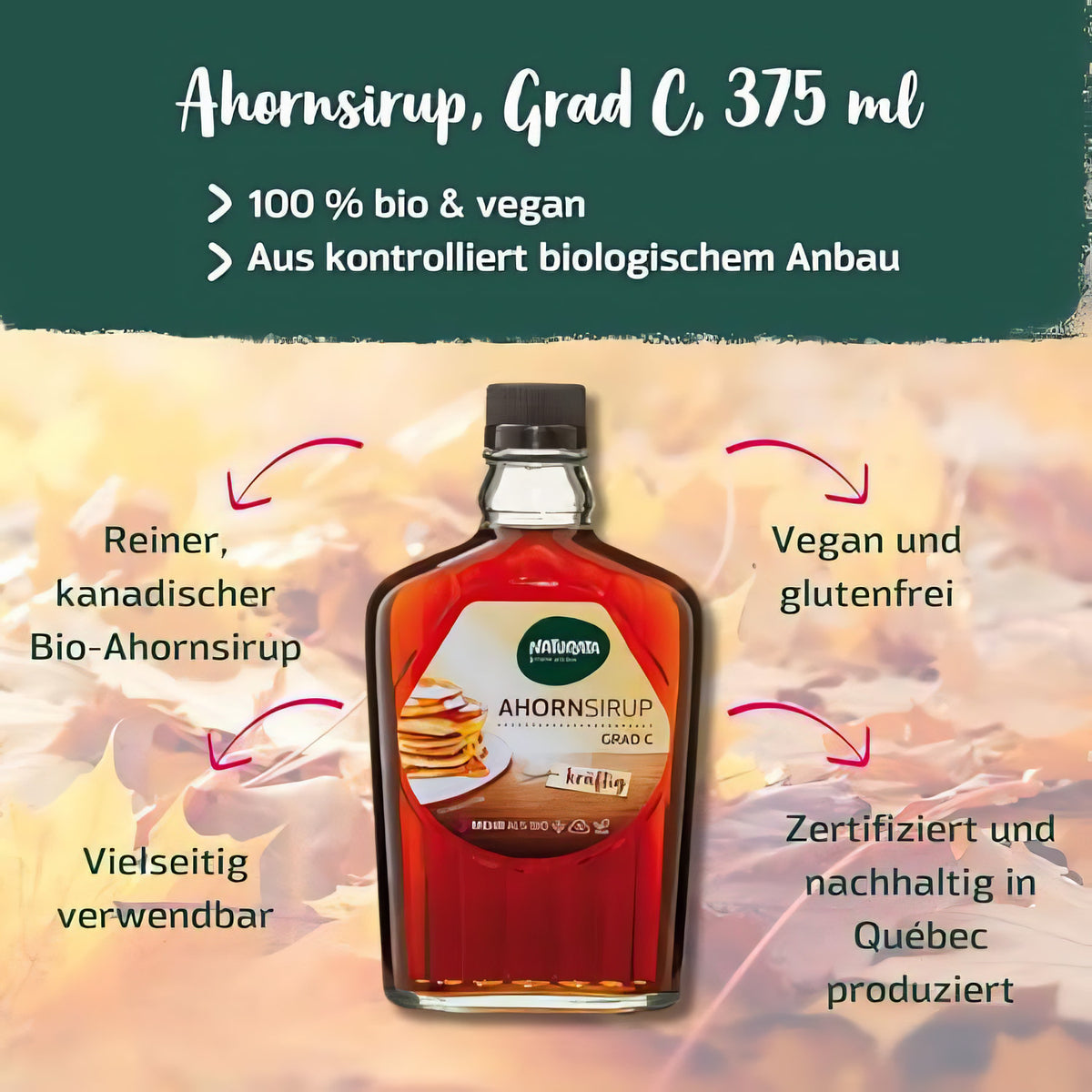 Naturata Bio Ahornsirup Grad C kräftig, Flasche vor herbstlichem Hintergrund mit Text zu vegan und kanadisch