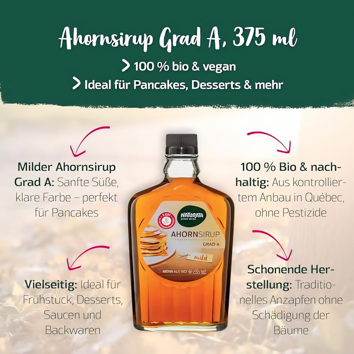 Naturata Bio Ahornsirup Grad A Flasche mittig, umgeben von Textinfos zu Bio-Qualität, Herkunft und Verwendungsmöglichkeiten.