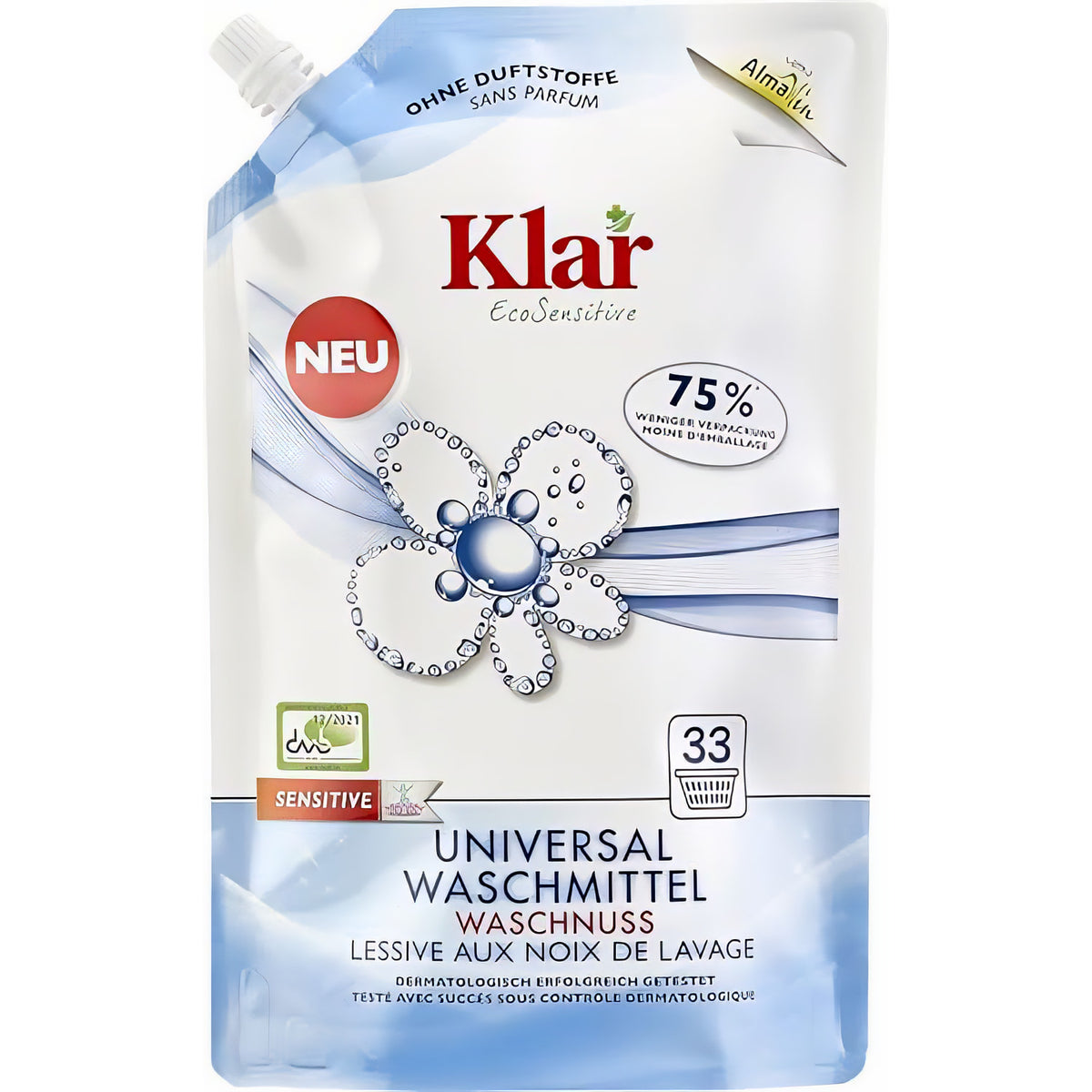 Klar EcoSensitive Universalwaschmittel Waschnuss Nachfüllbeutel 1,5 l ohne Duft in weiß-blauer Verpackung mit Blumenmotiv, Vorderseite sichtbar.