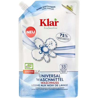 Klar Universalwaschmittel Waschnuss Nachfüllbeutel 1,5 l ohne Duft, Vorderseite der Verpackung mit Produktdetails und Blumenmotiv.