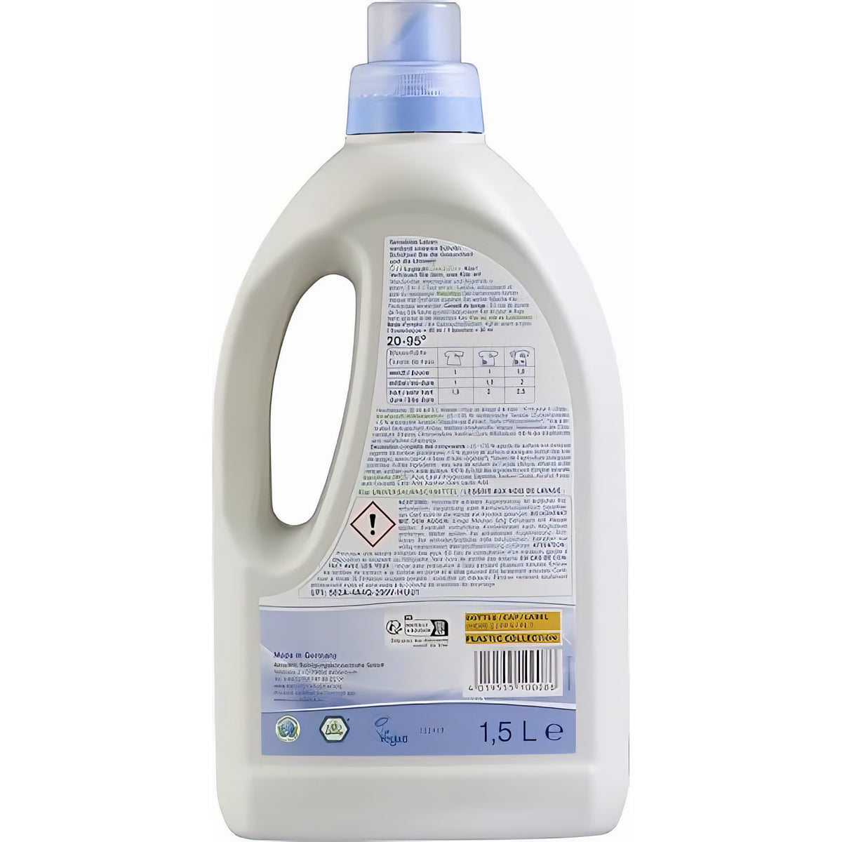 Rückseite der Klar eco Sensitive Universalwaschmittel Waschnuss Flasche mit Dosieranleitung, Warnhinweisen und Produktinformationen.