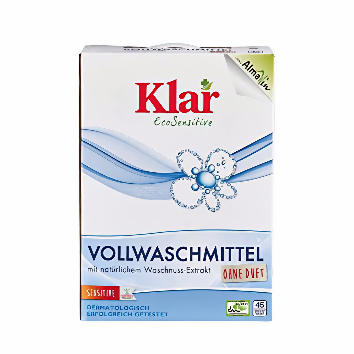 Klar EcoSensitive Vollwaschmittel 2,475kg ohne Duft in rechteckiger Verpackung mit blauen Designelementen und Produktinformationen auf der Vorderseite.