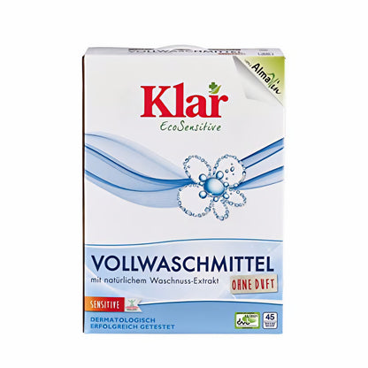 Klar EcoSensitive Vollwaschmittel 2,475kg ohne Duft in rechteckiger Verpackung mit blauen Designelementen und Produktinformationen auf der Vorderseite.
