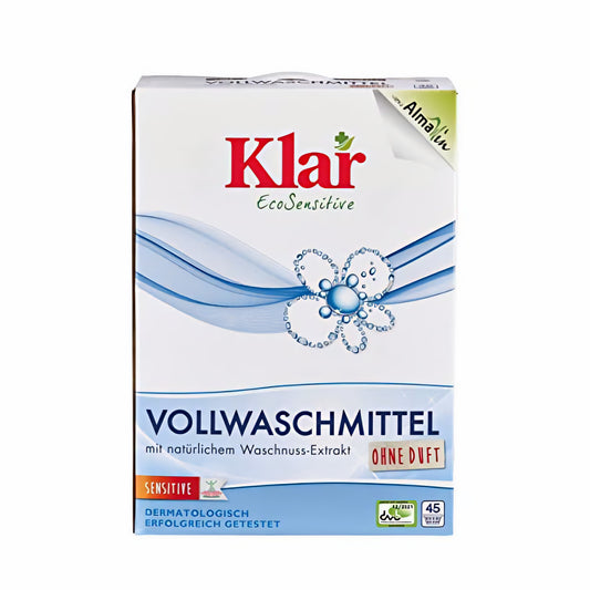 Klar EcoSensitive Vollwaschmittel 2,475kg ohne Duft in rechteckiger Verpackung mit blauen Designelementen und Produktinformationen auf der Vorderseite.