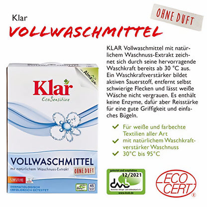 Klar EcoSensitive Vollwaschmittel 2,475kg ohne Duft, Packung mit Text zu Anwendung, Vorteilen und Zertifikaten für Allergiker und vegane Wäschepflege.