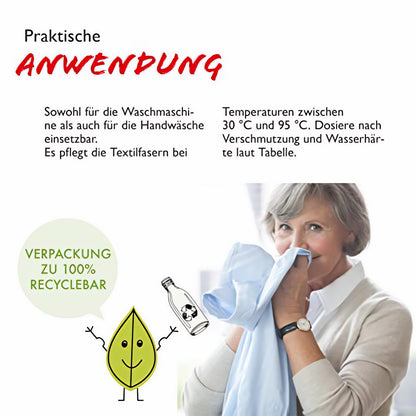 Anwendungsbeschreibung für Klar EcoSensitive Vollwaschmittel, Frau riecht an frischem Hemd, Hinweis auf 100% recycelbare Verpackung.