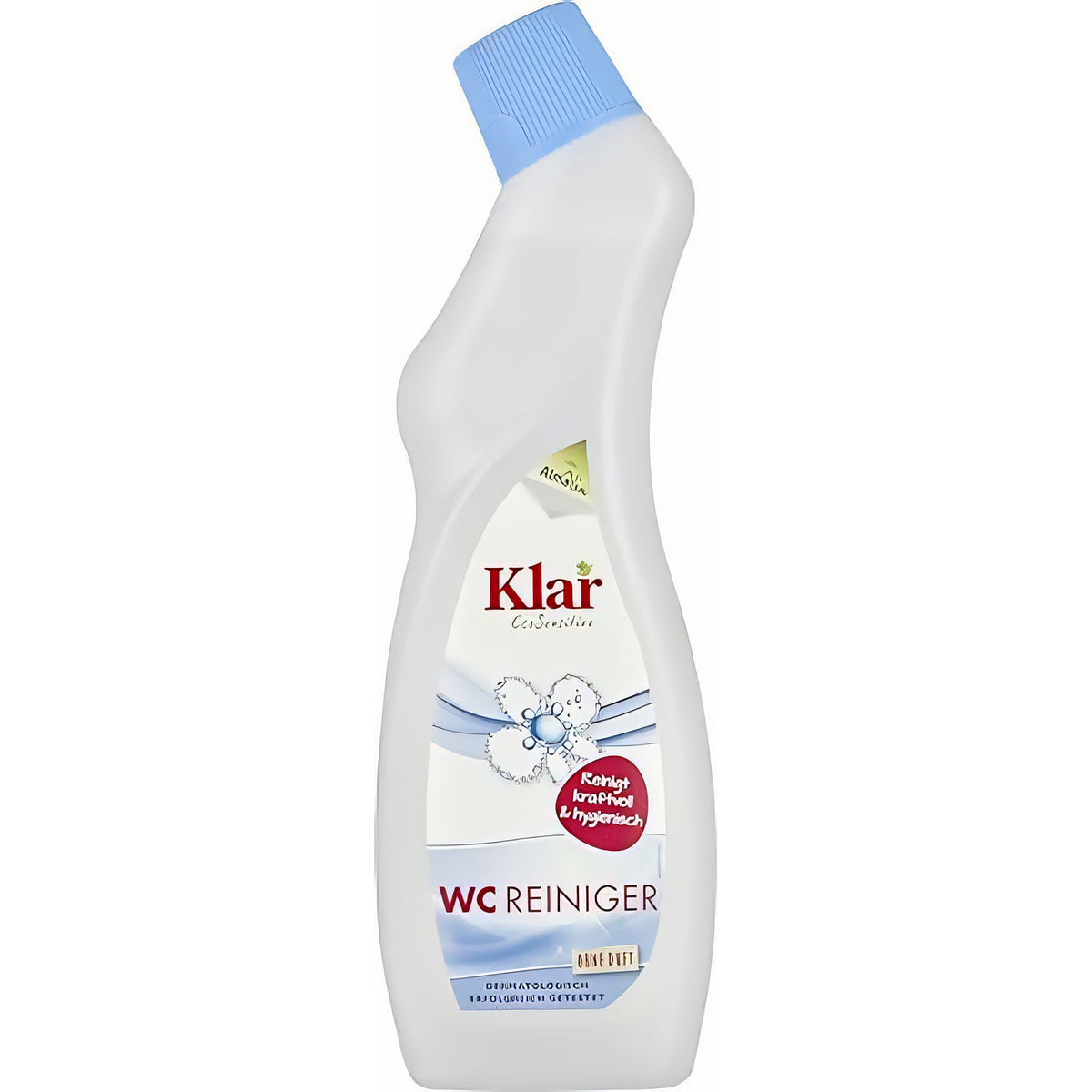 Klar EcoSensitive WC-Reiniger 750ml mit blauem Deckel, Vorderseite mit Produktetikett, ohne Duft, für Toiletten und Urinale.