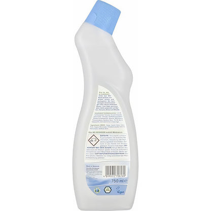 Rückseite der Klar EcoSensitive WC-Reiniger 750ml Flasche mit blauem Deckel, sichtbare Anwendungshinweise und Warnhinweise.