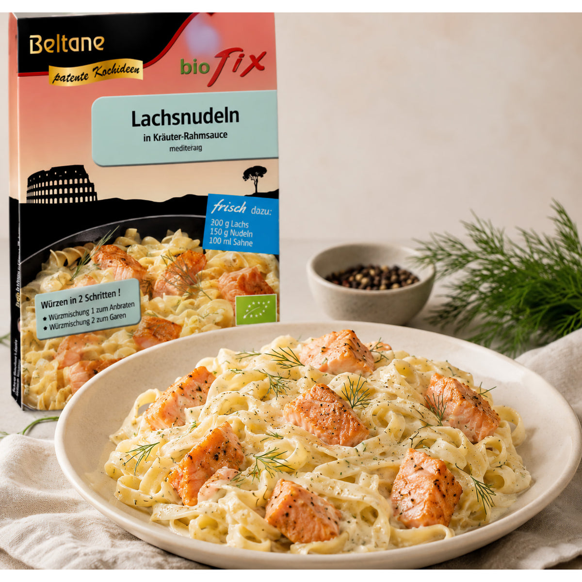 Beltane Biofix Lachsnudeln, Kochzubereitung, frisch und appetitlich, in einer Packung mit 14,2 g.