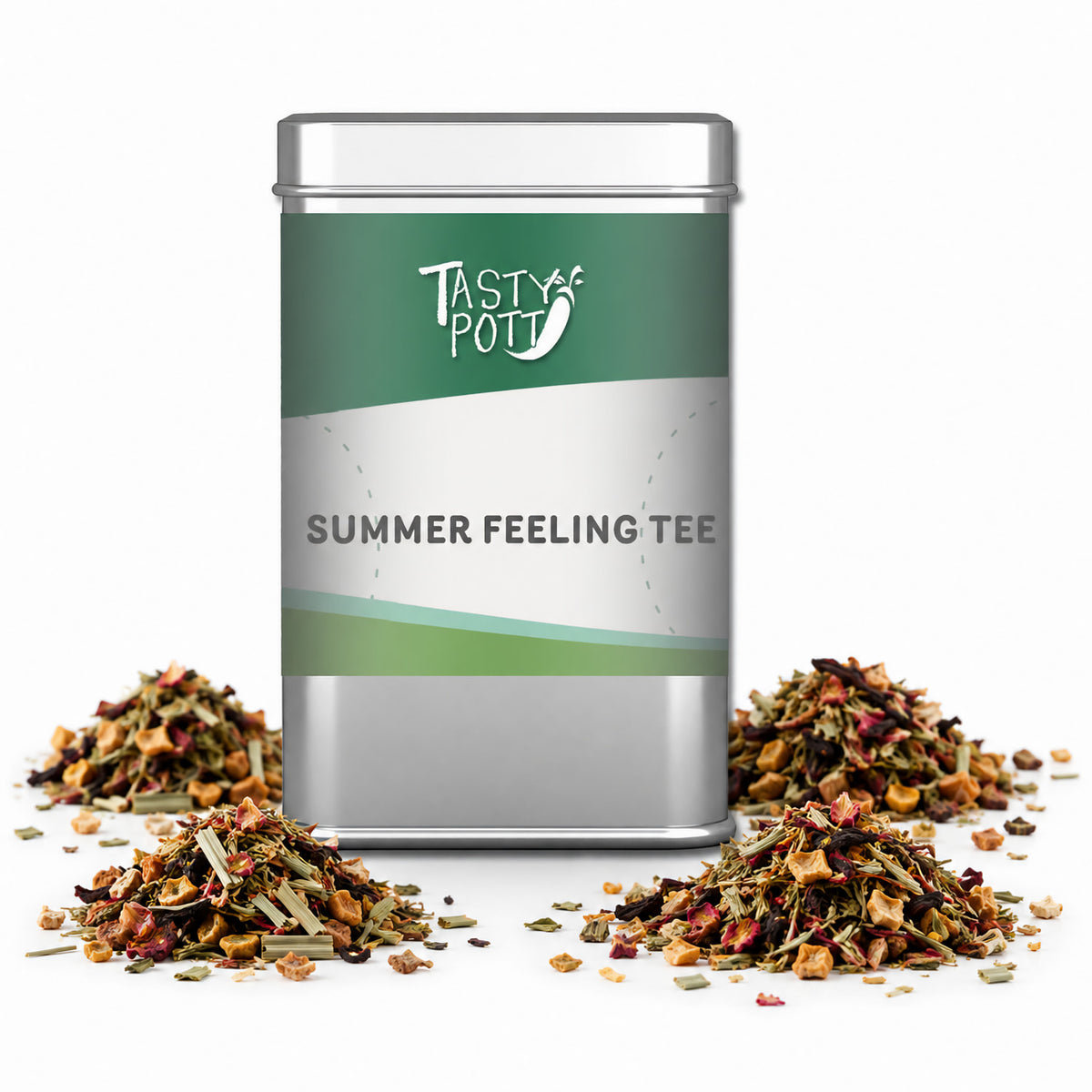 Sommertee Summer Feeling in silberner Dose von Tasty Pott, umgeben von losem Tee mit sichtbaren Frucht- und Kräuterstücken.
