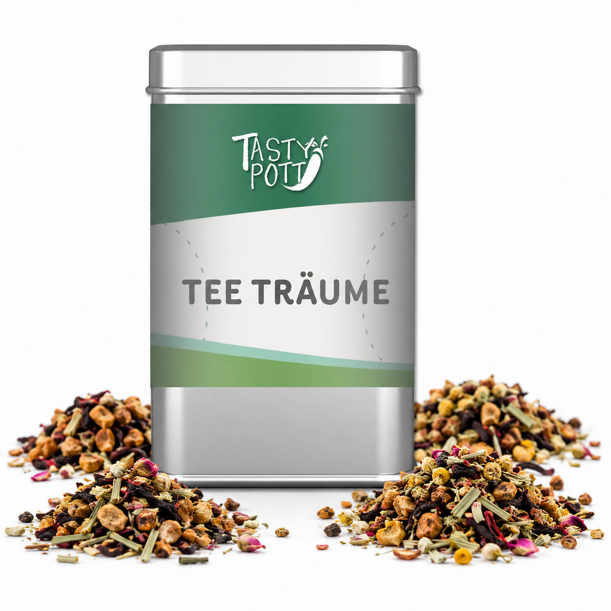 Tee Träume Kräutertee in silberner Dose von Tasty Pott, umgeben von mehreren Portionen loser Teemischung mit sichtbaren Kräutern und Blüten.