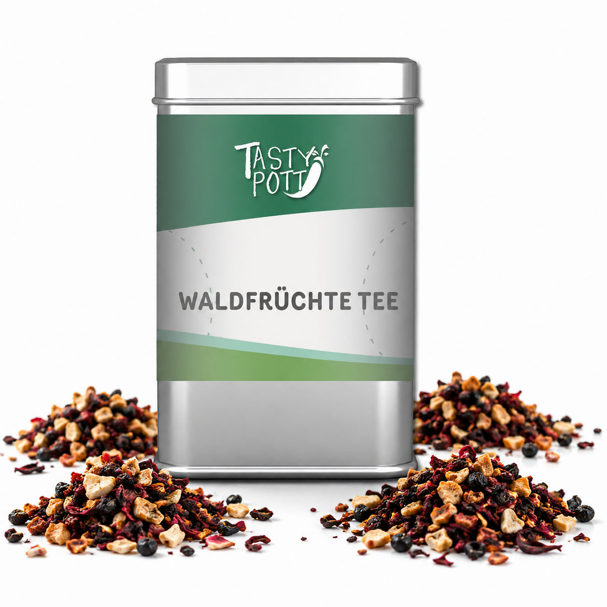 Waldfrüchte Tee in silberner Dose von Tasty Pott, umgeben von losem Früchtetee mit sichtbaren Trockenfrüchten auf weißem Hintergrund.