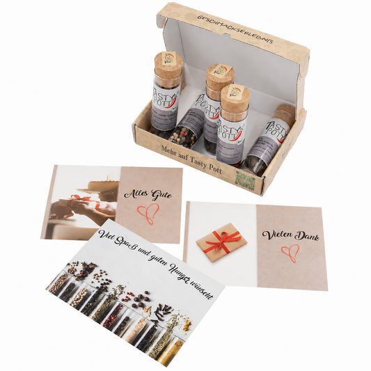 Tasty Pott Dank Box "Viel Spaß und guten Hunger" - Jeweils 5 Gewürze wählbar + Karte