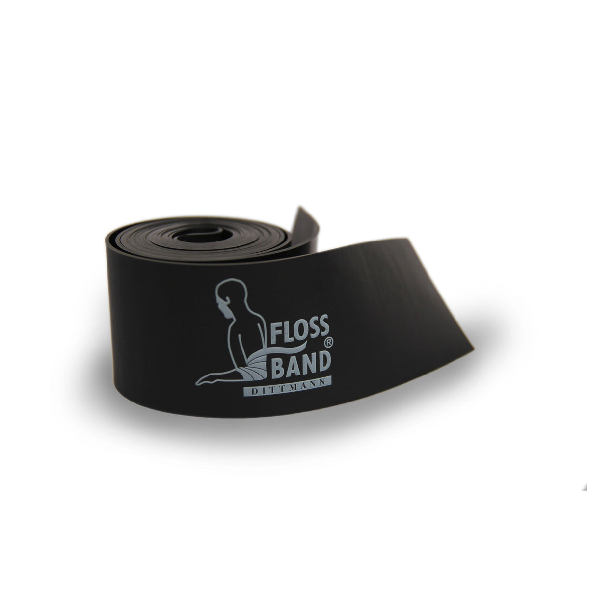 Blaue oder schwarze Dittmann Floss-Band® als Fitness-Zubehör, flexibel und strapazierfähig für Krafttraining und Muskeldehnung.