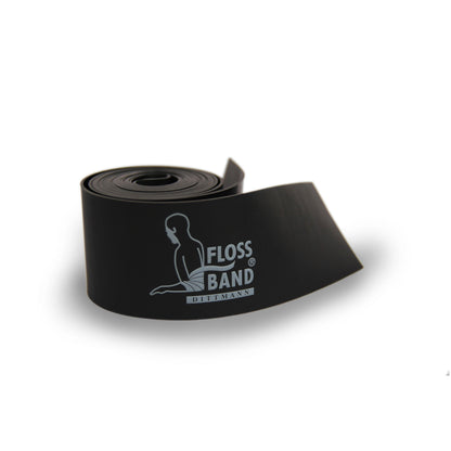 Blaue oder schwarze Dittmann Floss-Band® als Fitness-Zubehör, flexibel und strapazierfähig für Krafttraining und Muskeldehnung.