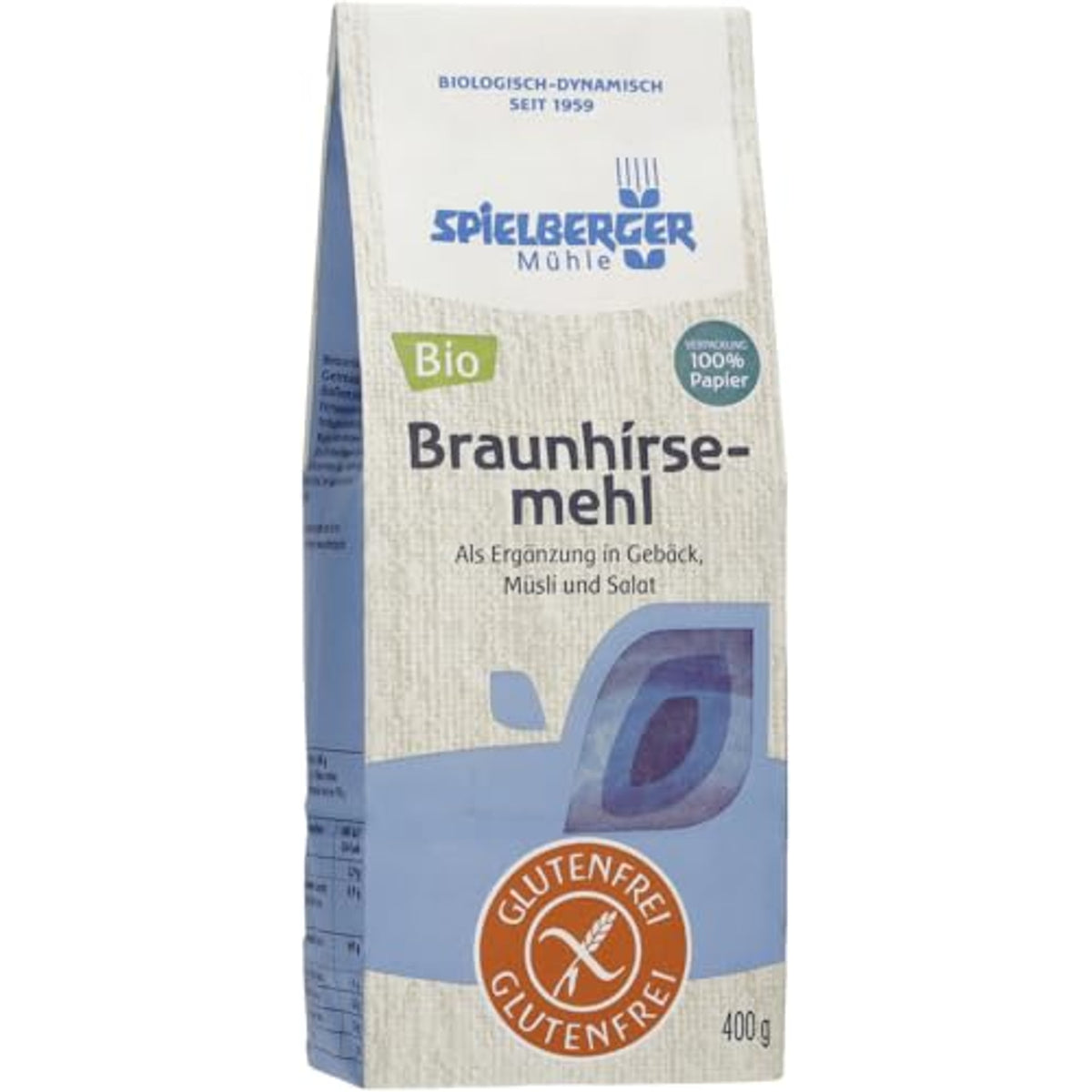 Packung Spielberger Braunhirsemehl 400g aus Fingerhirse, glutenfrei, Vorderseite mit Bio- und Glutenfrei-Siegel sichtbar