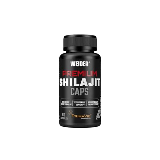 Weider Premium Shilajit Kapseln Dose mit schwarzem Etikett und roter sowie weißer Schrift, frontal fotografiert auf weißem Hintergrund.
