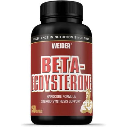 Dose Weider Beta-Ecdysterone Caps mit rotem Etikett und weißer Aufschrift, vorne sichtbar, 150 Kapseln Spinatextrakt.