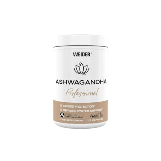 Dose Weider Ashwagandha Professional mit weißem Deckel und braunem Etikett, Produktname und Details auf der Vorderseite sichtbar, freigestellt auf weißem Hintergrund.