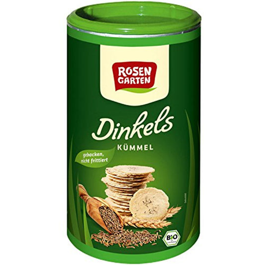 Runde grüne Dose Rosengarten Dinkels Cräcker Kümmel 100g, vorne mit Stapel Crackers, Kümmelsamen und geöffneter Kümmelfrucht abgebildet.