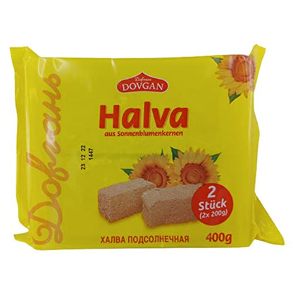 Halva aus Sonnenblumenkernen von Dovgan, 400g Packung mit rotem Hinweis auf zwei Stücke à 200g und Sonnenblumenabbildung.