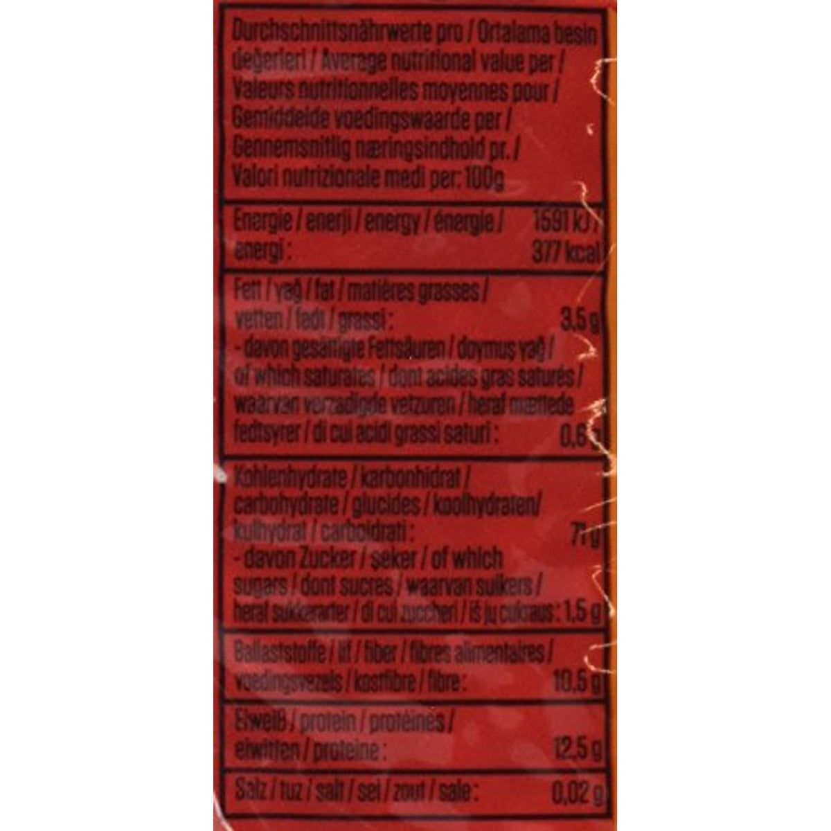Nährwerttabelle auf der Rückseite einer Suntat Popcorn Mais Packung mit Angaben zu Energie, Fett, Kohlenhydraten, Ballaststoffen und Salz.