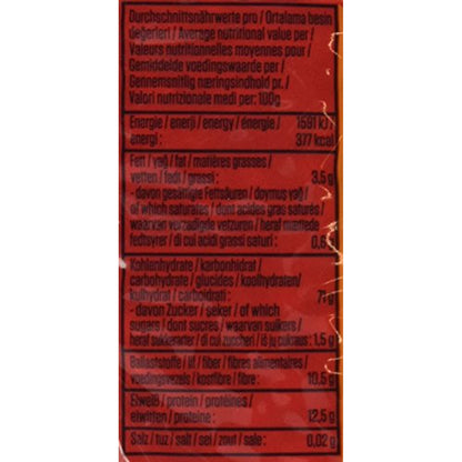 Nährwerttabelle auf der Rückseite einer Suntat Popcorn Mais Packung mit Angaben zu Energie, Fett, Kohlenhydraten, Ballaststoffen und Salz.