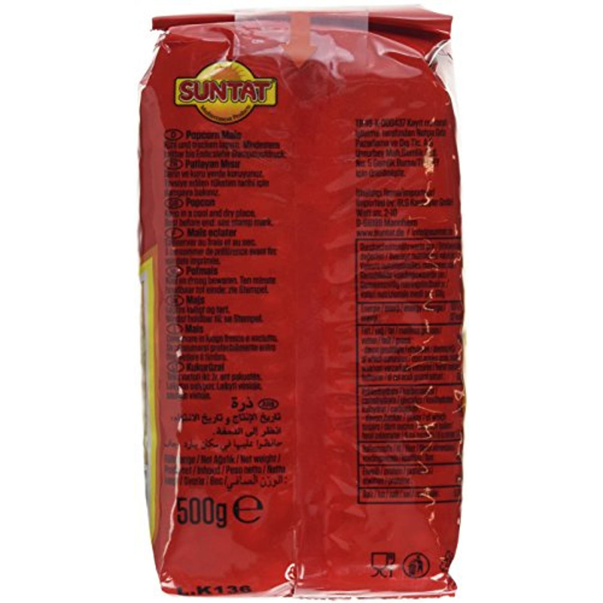 Rückseite einer Suntat Popcorn Mais Packung mit Zubereitungshinweisen und Produktinformationen in mehreren Sprachen.