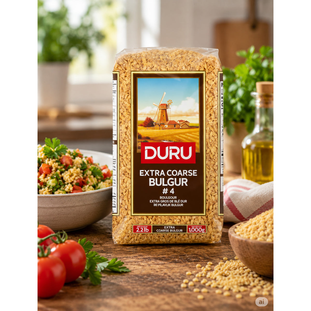 AI Info, Duru Bulgur im natürlichen Setting, im Hintergrund ist Bulgur zu sehen, im Vordergrund Tomaten.
