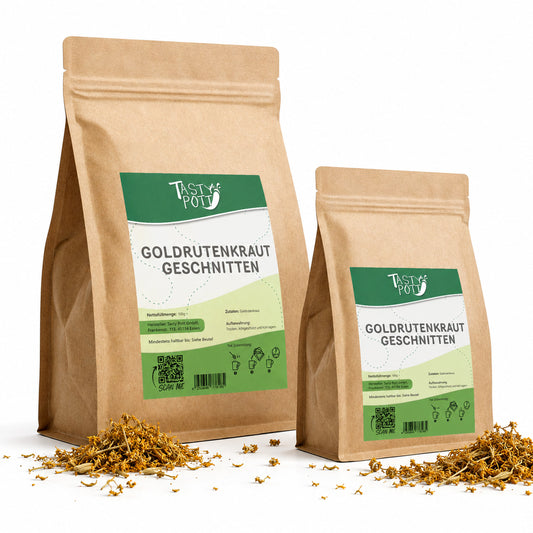 Zwei Beutel Tasty Pott Goldrutenkraut getrocknet und geschnitten, stehend mit sichtbarem Etikett, davor lose Kräuter auf weißem Untergrund.