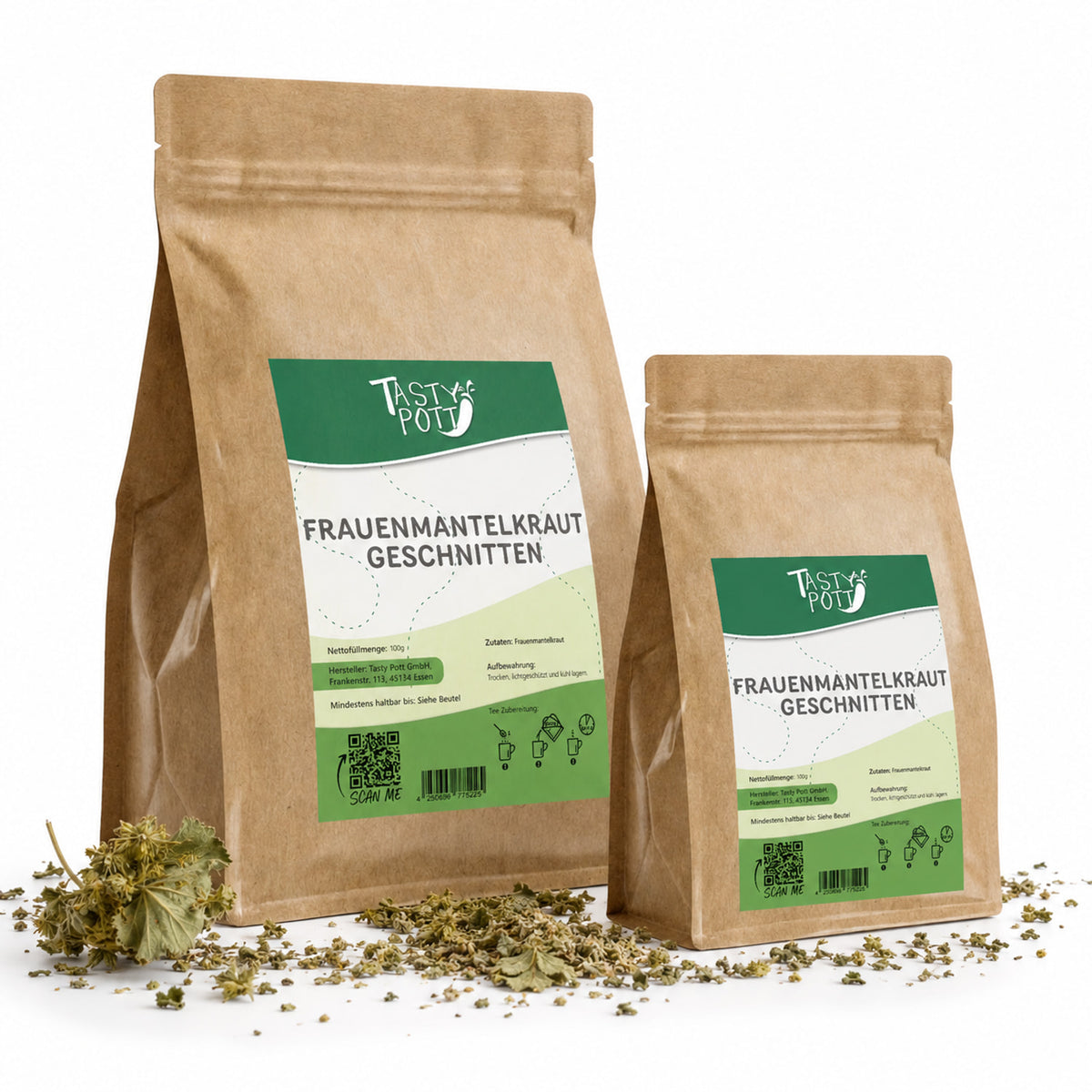 Zwei Beutel tasty pott frauenmantelkraut getrocknet und geschnitten, stehend auf weißem Hintergrund, mit losem kräuter auf der Fläche verteilt.