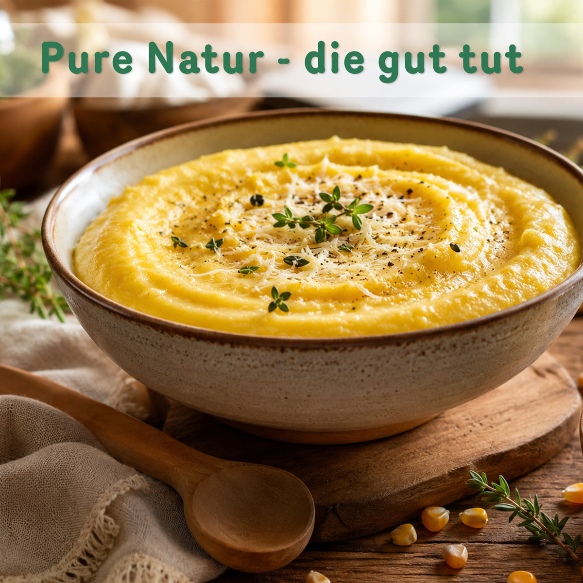 Schale mit cremiger Polenta aus Tasty Pott Maisgrieß, garniert mit Kräutern und geriebenem Käse auf Holztisch.