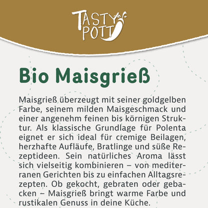 Tasty Pott Bio Maisgrieß Polenta Infotafel mit Produktbeschreibung und Logo auf weiß-braunem Hintergrund.