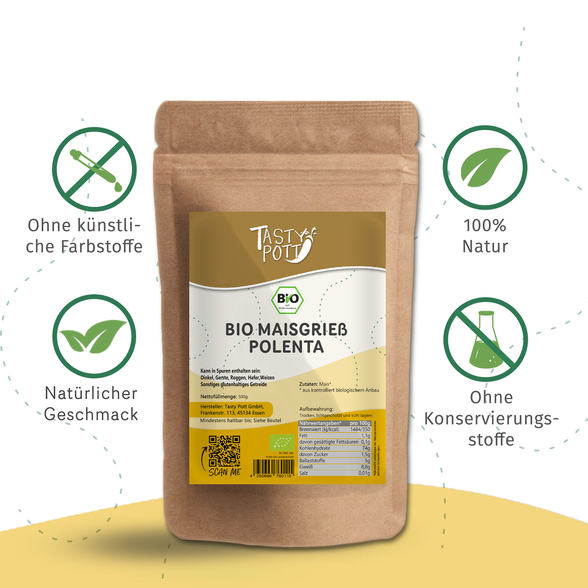 Tasty Pott Bio Maisgrieß Polenta Beutel im Vordergrund, umgeben von Icons zu 100% Natur, ohne Farbstoffe und Konservierungsstoffe.