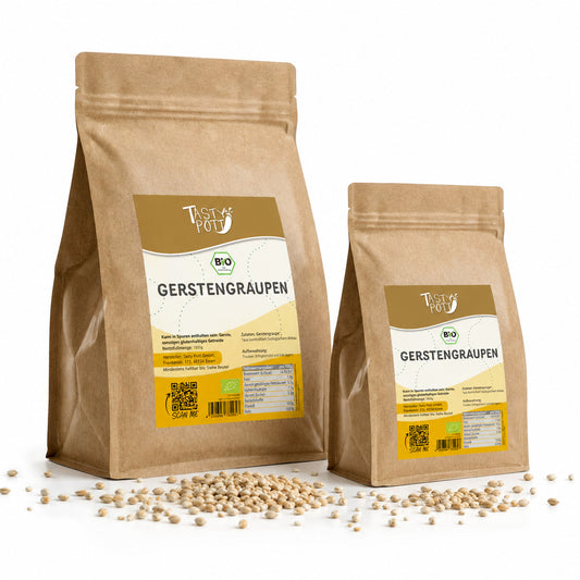 Zwei braune Beutel Tasty Pott Gerstengraupen mit sichtbaren Graupenkörnern auf weißem Hintergrund.