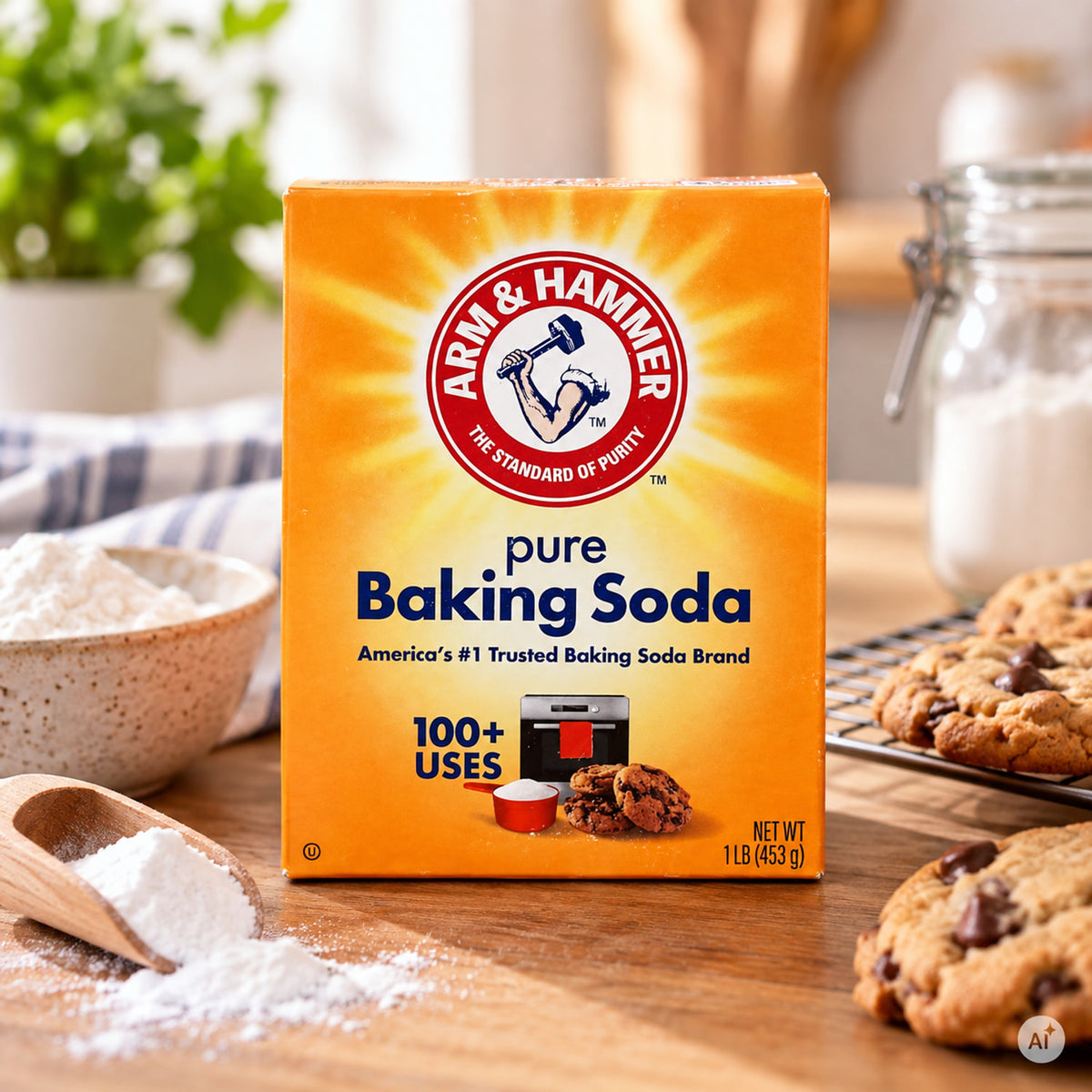 ARM & HAMMER Baking Soda 454 g in natürlichem Küchen-Setting mit Backzutaten und Cookies
