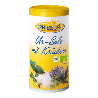Erntesegen Tafelsalz mit Kräutern 250g, gelbe Dose, vorne dekoriert mit Kräutern, Salz und Pilzabbildung.