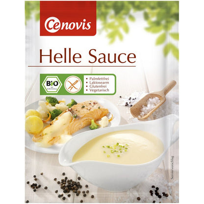 Cenovis Helle Sauce Packung frontal fotografiert, im Vordergrund eine Sauciere mit milder Sauce, im Hintergrund ein Teller mit klassischen Gerichten und Gemüsebeilage.