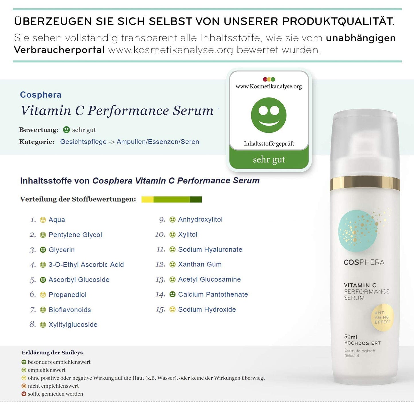 Hochdosiertes Cosphera Vitamin C Performance Serum in 50 ml Flasche, Hautpflege für strahlende und gepflegte Haut.