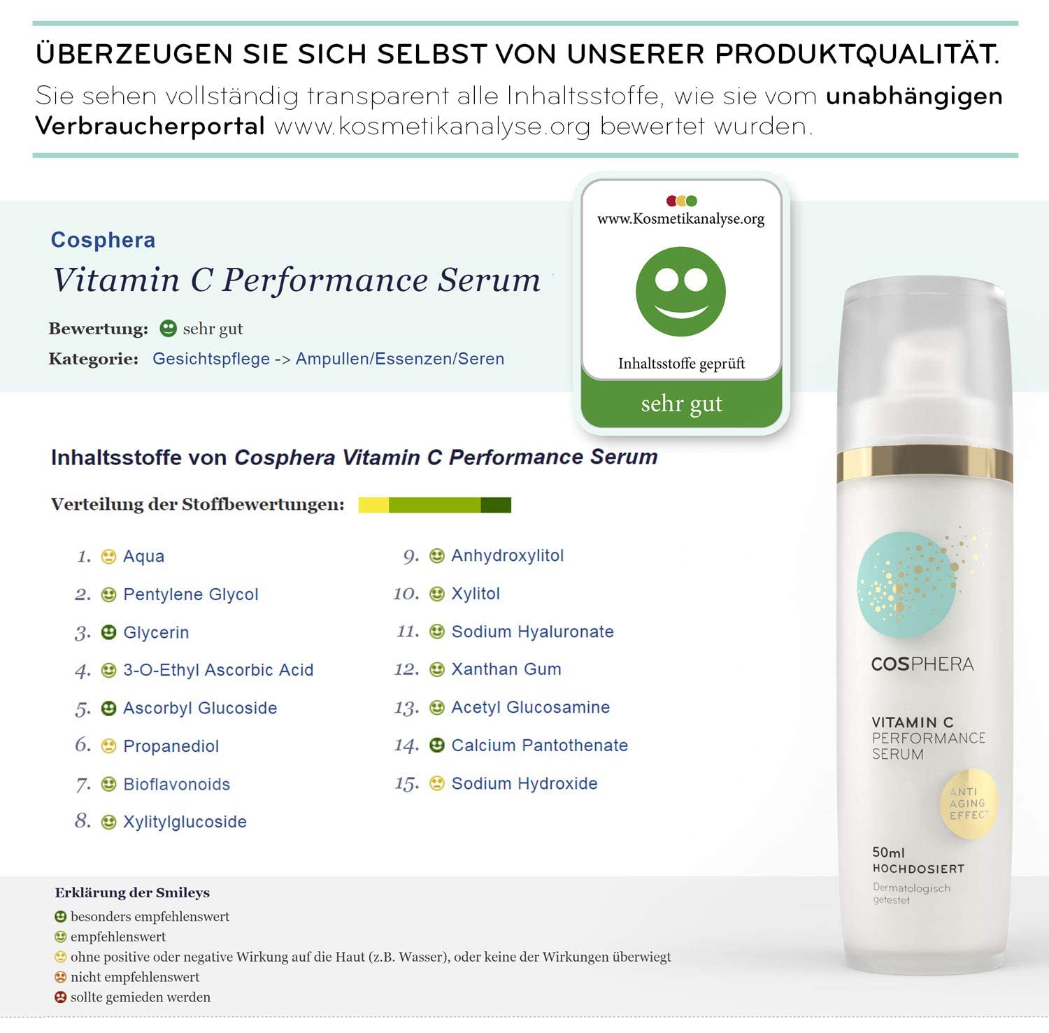 Hochdosiertes Cosphera Vitamin C Performance Serum in 50 ml Flasche, Hautpflege für strahlende und gepflegte Haut.