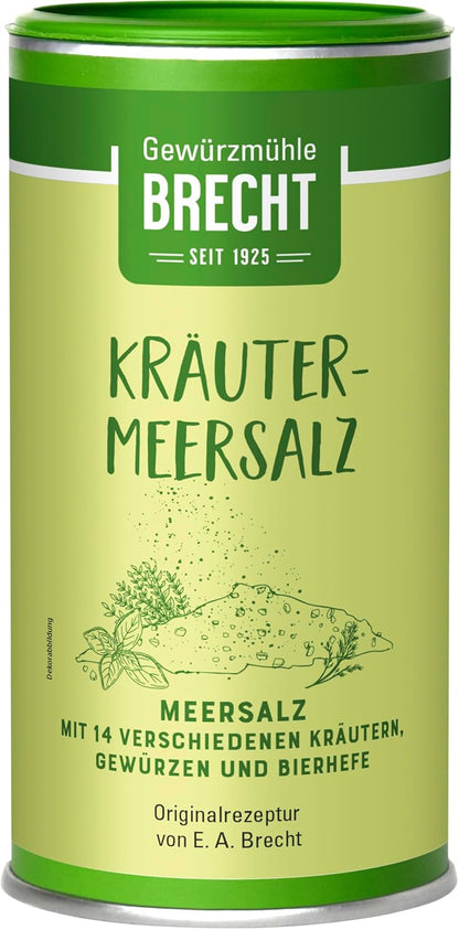 Brecht Kräuter-Meersalz in Dose, 500g, mit Kräutern zum Backen, Nahaufnahme der Salzdose mit Kräutern und Etikett