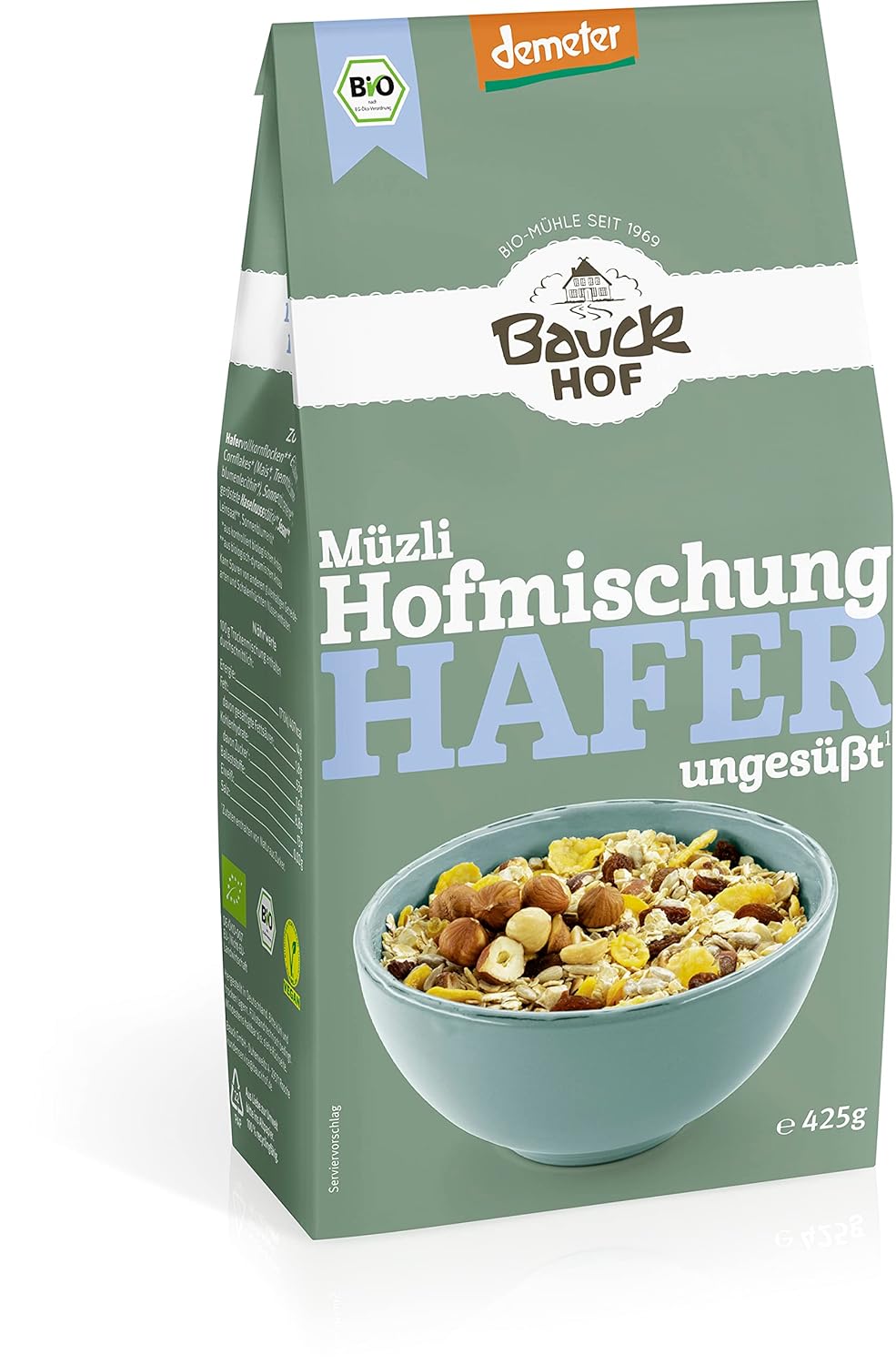 Bauckhof Bio Hafermüsli Hofmischung, Demeter, Frühstücksmüsli, 4x 425g Packungen, mit Haferflocken und Getreide