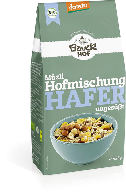 Bauckhof Bio Hafermüsli Hofmischung, Demeter, Frühstücksmüsli, 4x 425g Packungen, mit Haferflocken und Getreide