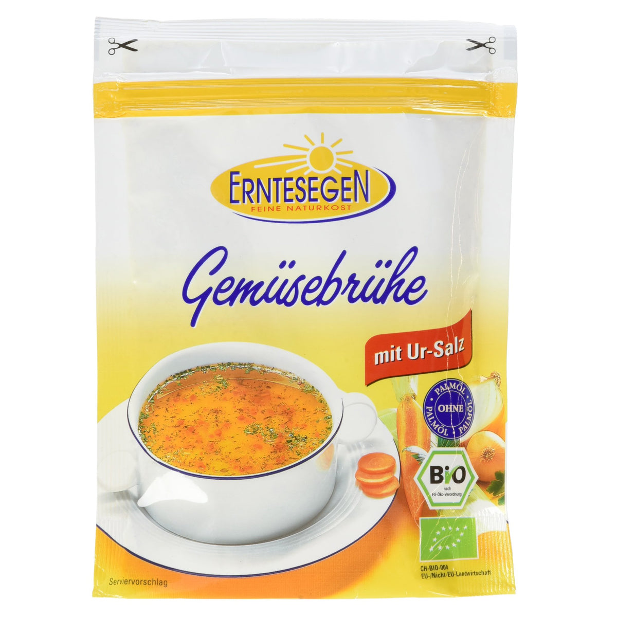 Erntesegen Gemüsebrühe 250 g, Vorderseite der Verpackung mit Suppenteller, Karotten und Bio-Logo, ideal zum Würzen und für Suppen.