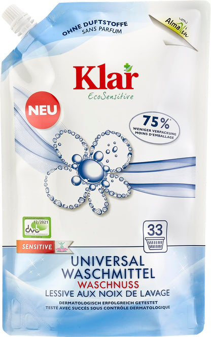 Klar eco Sensitive Universalwaschmittel Waschnuss Nachfüllbeutel 1,5l, ohne Duft, für Allergiker