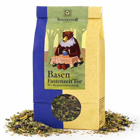 Bio Basen Fastenzeit Tee von Sonnentor, Frühstückstee mit Kräutern, in einer transparenten Verpackung, ideal für die Fastenzeit.