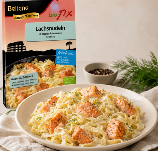 Beltane Biofix Lachsnudeln, Kochzubereitung, frisch und appetitlich, in einer Packung mit 14,2 g.