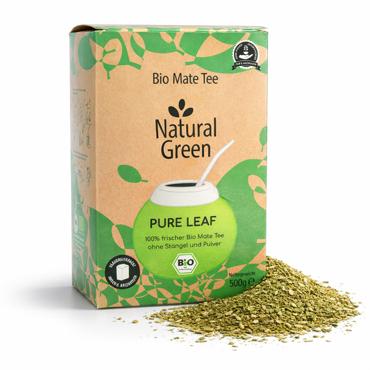 Bio Mate Tee Natural Green von Pure Leaf, 500g, grüner Mate Tee ohne Stängel, Kräuter und Tee Produkt.